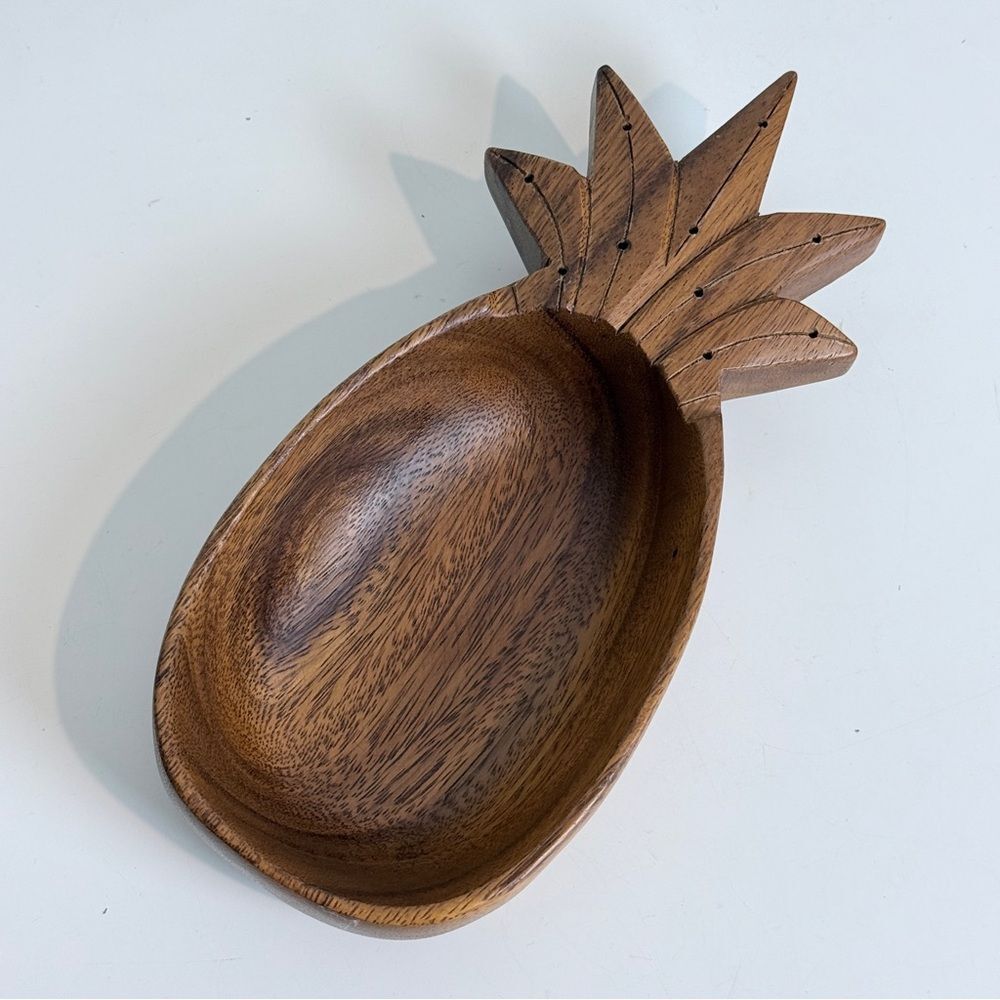Vintage Handmade Pineapple Monkey Pod Serving Bowl with Toothpick Holes Signed